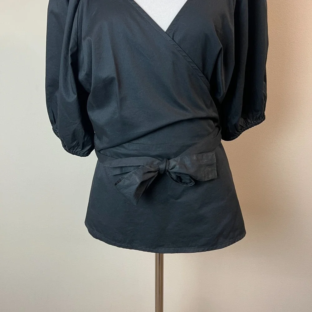 Old Navy Wrap Top Womens XL Black Puff Sleeve Smocked V-Neck Blouse Feminine New